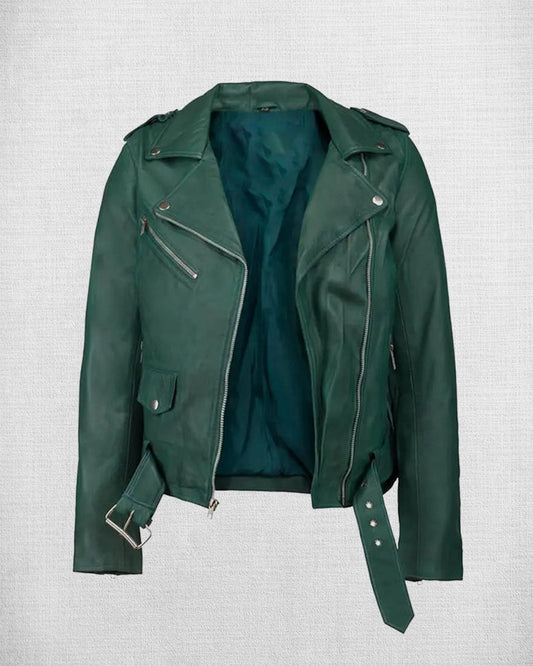 Shop Stylish Green Leather Biker Jacket For Women