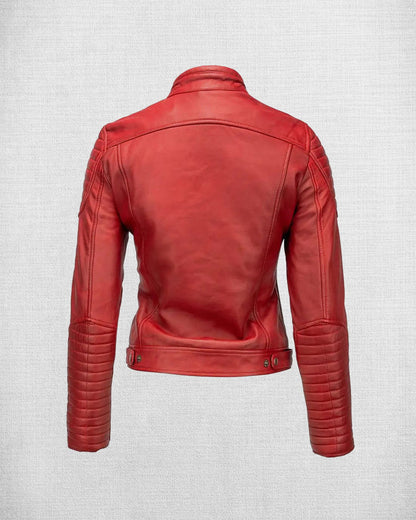 Shop Fashionable Red Leather Biker Jacket with White and Blue Stripes