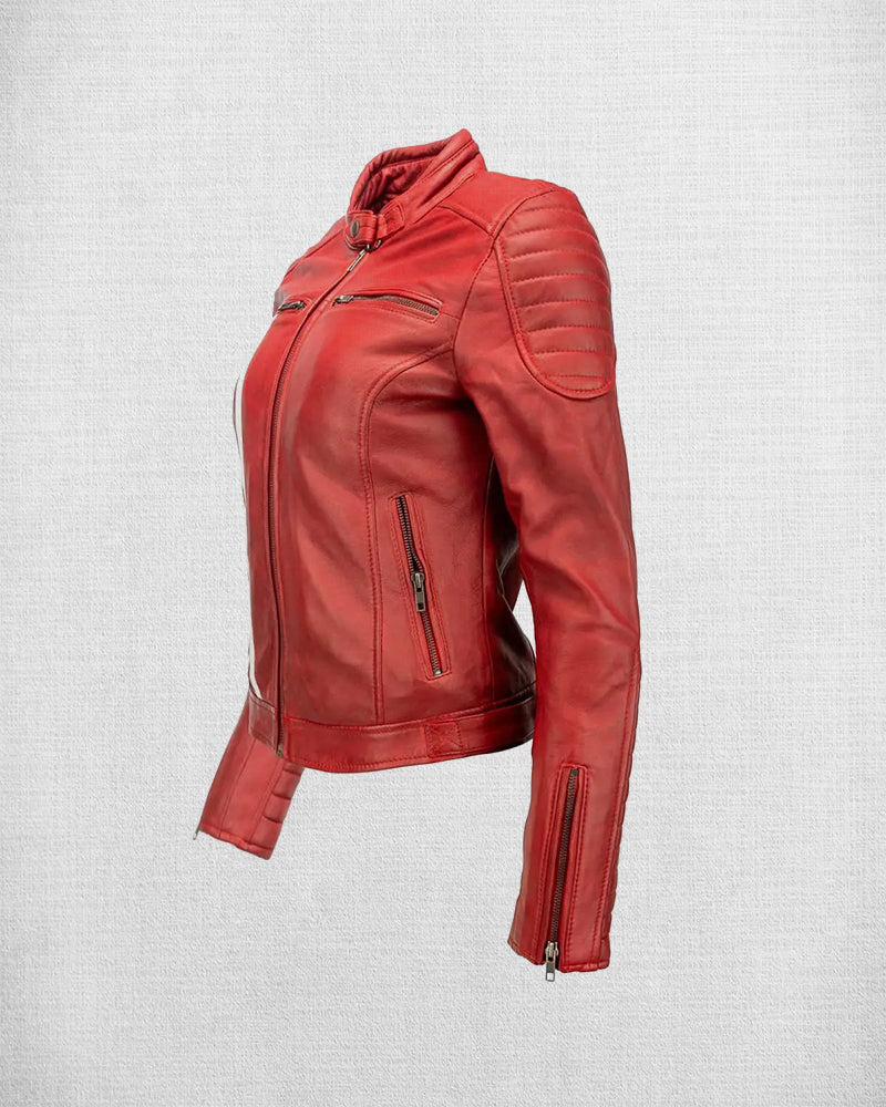 Shop Fashionable Red Leather Biker Jacket with White and Blue Stripes