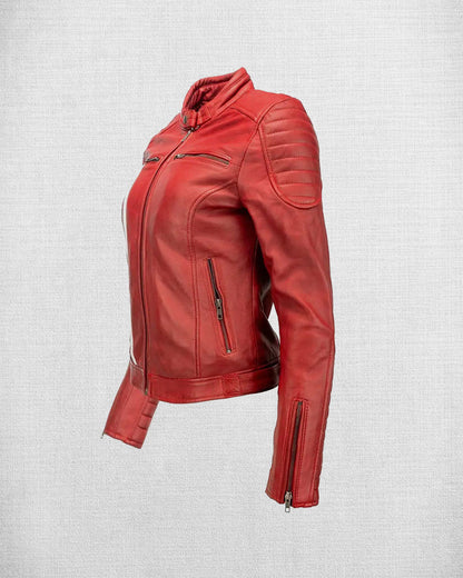 Shop Fashionable Red Leather Biker Jacket with White and Blue Stripes
