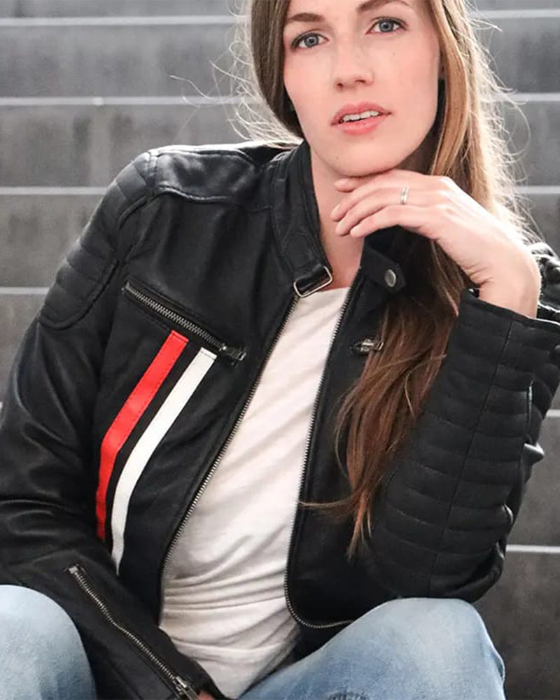 Shop Fashionable Red Leather Biker Jacket with White and Blue Stripes