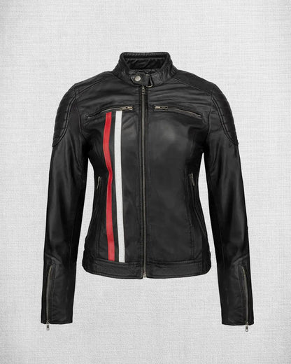 White and Red Striped Leather Motorcycle Jacket