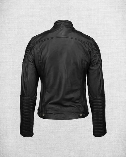 Shop Fashionable Black Leather Biker Jacket with White and Red Stripes