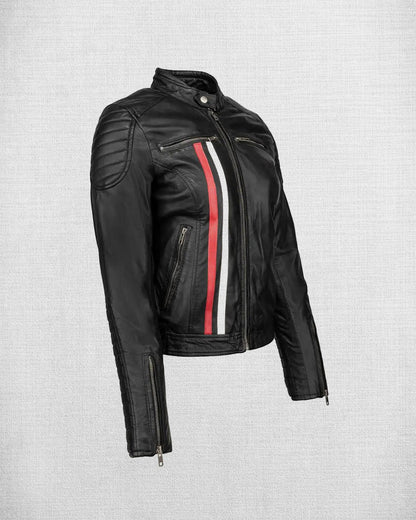 Shop Fashionable Red Leather Biker Jacket with White and Blue Stripes