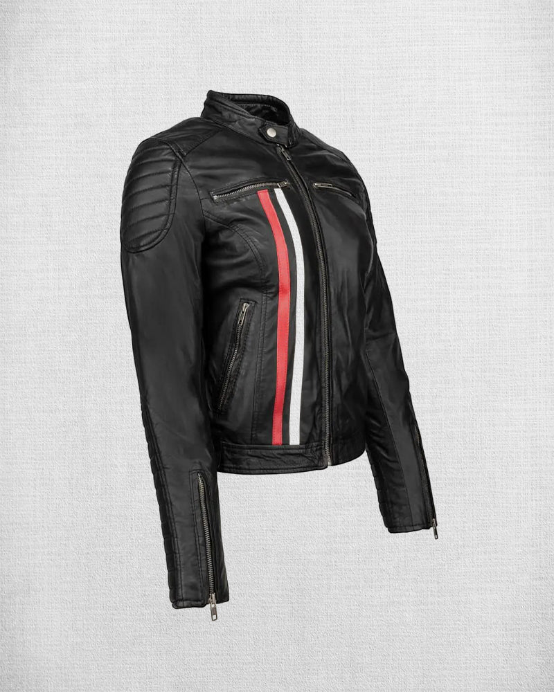 Shop Fashionable Black Leather Biker Jacket with White and Red Stripes