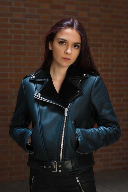 TJS Women's Faux Shearling Leather Jacket