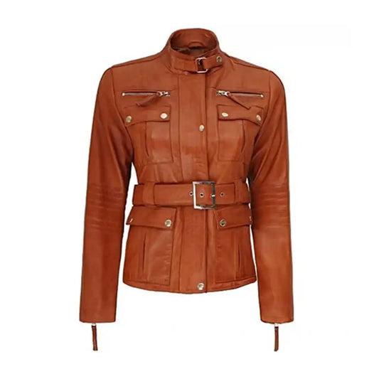 Shop Women Brown Belted Leather Jacket