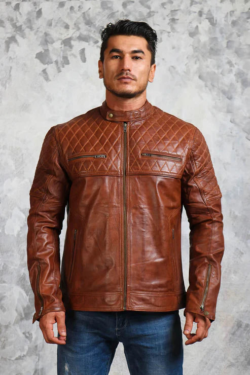 Shop Brown Biker Quilted Leather Jacket