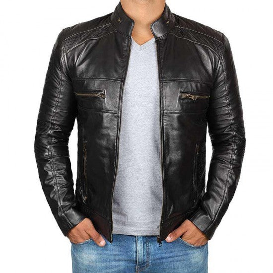Shop Black Cafe Racer Leather Jacket For Man