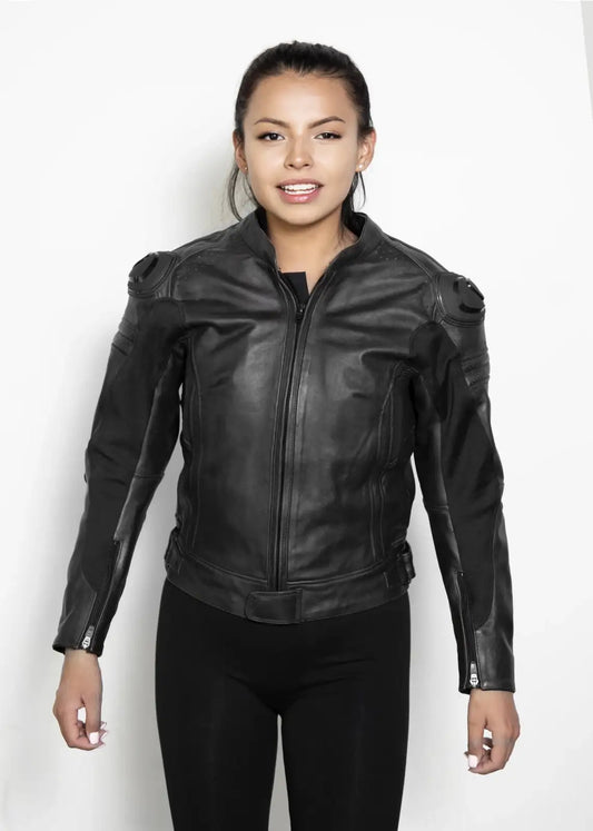 Womens Black Motorcycle Leather Jacket with Armor