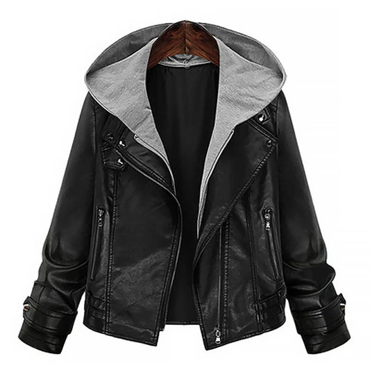 Shop Women Black Hooded Leather Jacket