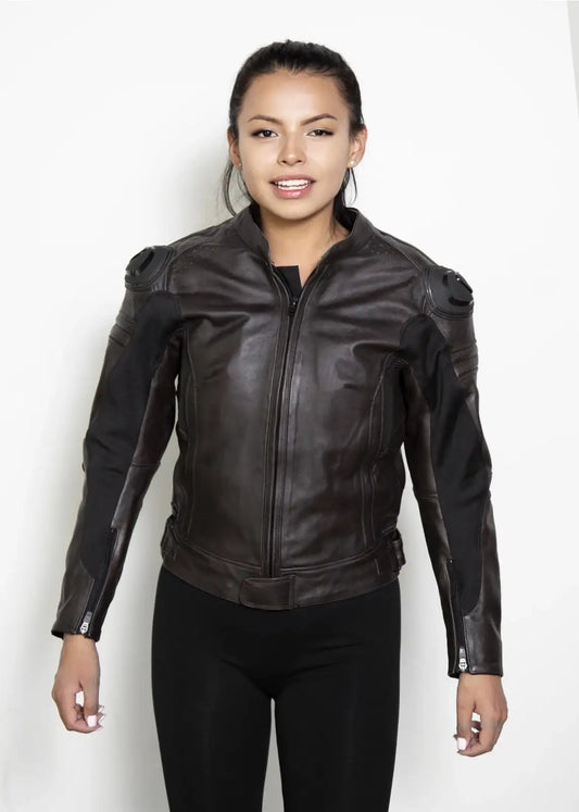 Womens Brown Motorcycle Leather Jacket with Armor
