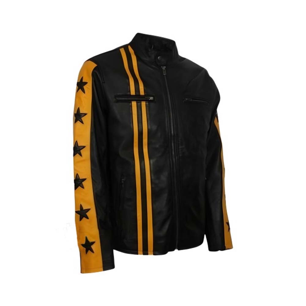 Shop MEN'S YELLOW & BLACK CAFE RACER LEATHER JACKET