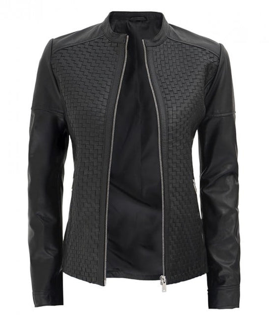 Shop Women's Black Leather Cafe Racer Textured Real Leather Jacket