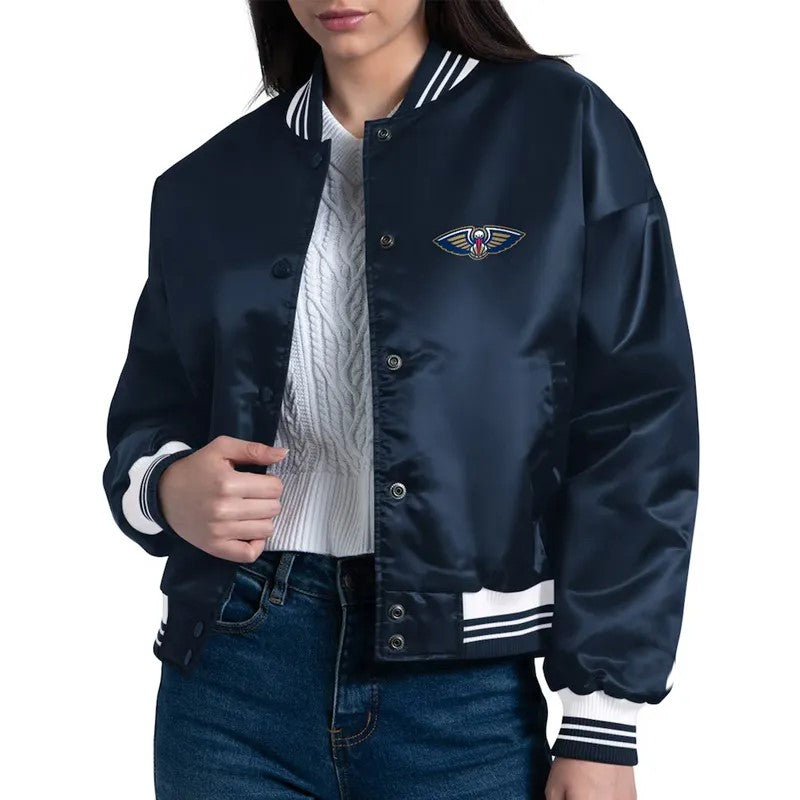 New Orleans Pelicans Printed Logo Navy Varsity Satin Jacket