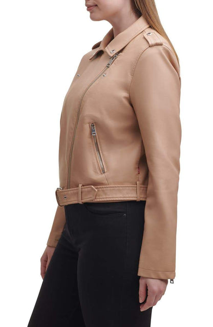 Shop Water Repellent Leather Fashion Belted Moto Jacket