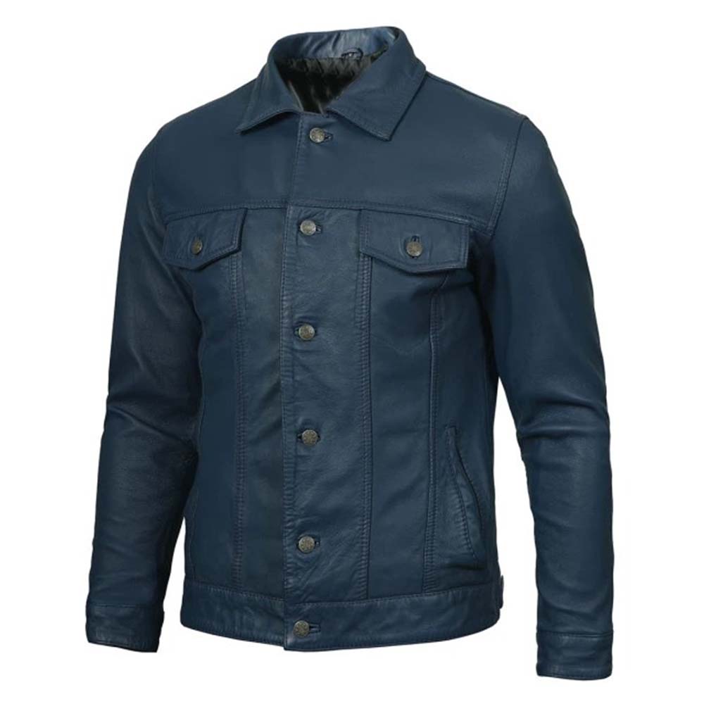 Shop Blue Washed Leather Trucker Jacket Mens