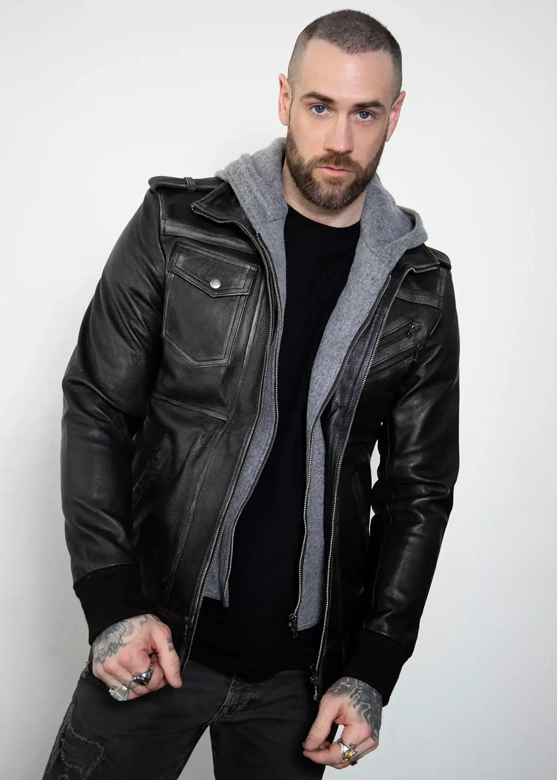 Mens Distressed Leather Gray Hooded Bomber Jacket