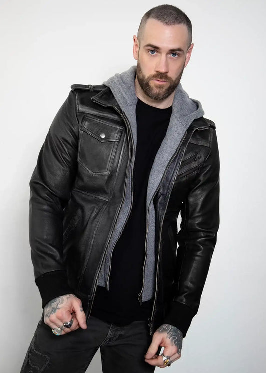 Mens Distressed Leather Gray Hooded Bomber Jacket