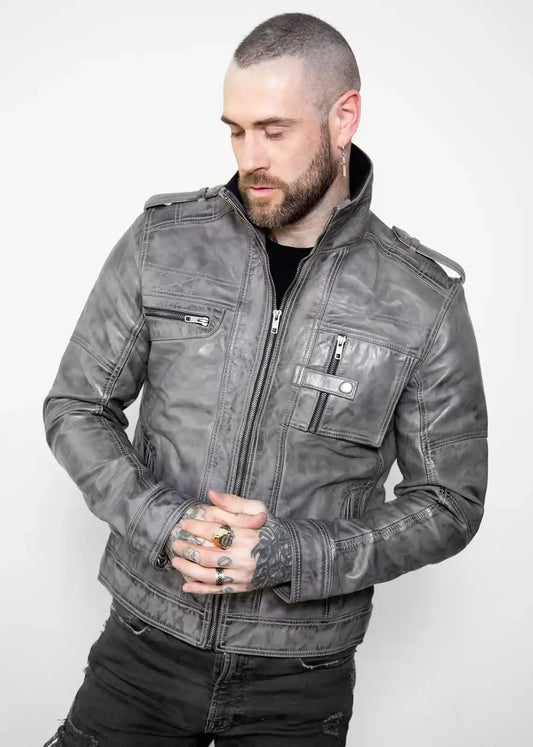 Mens Gray Military Style Distressed Leather Jacket