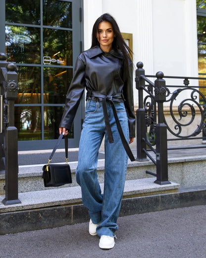 Stylish Black Leather Jacket with Belt