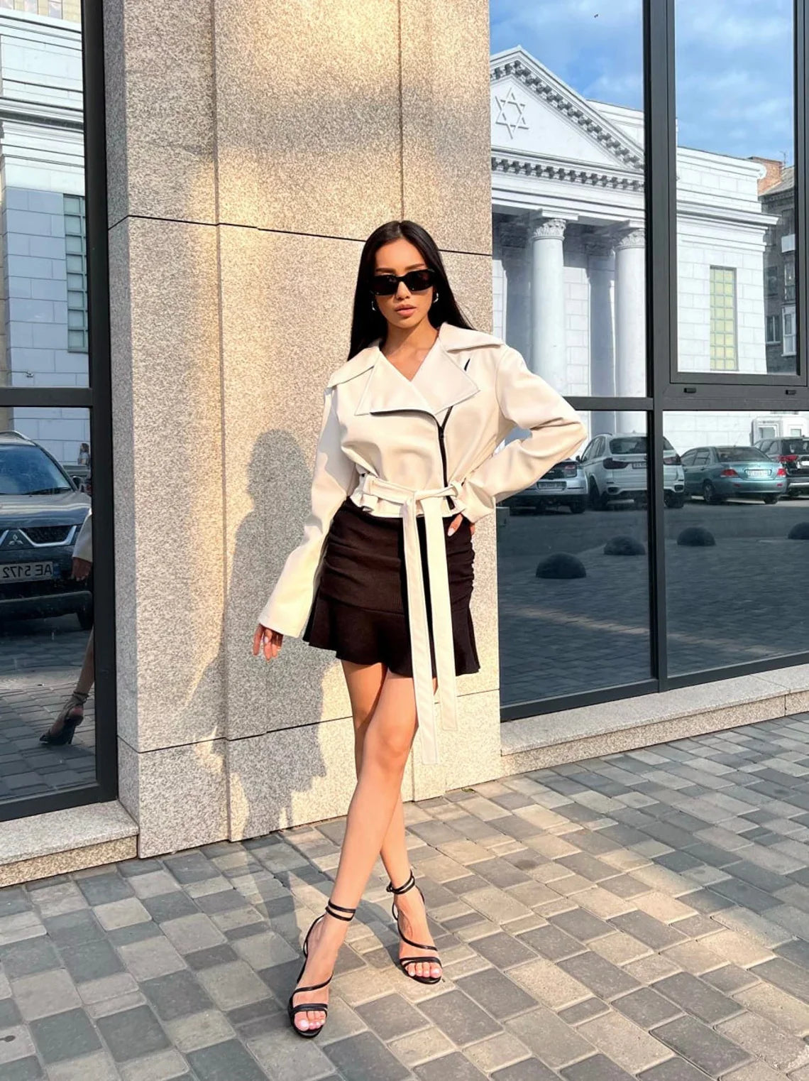 Trendy Belted Black Leather Jacket for Women