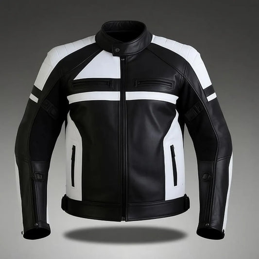 Men's Black & White Leather Motorcycle Jacket