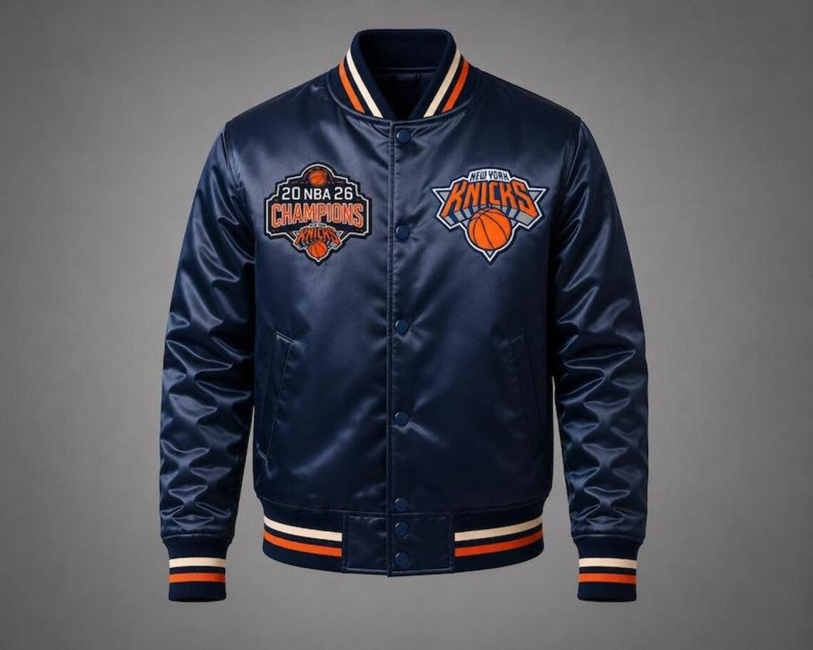 2026 Champions Satin Jacket | New York Basketball Fan Bomber | Navy Blue Satin Outerwear