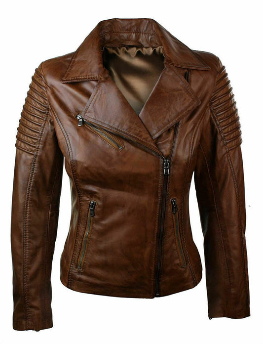 Shop Women Brown Vintage Quilted Leather Jacket