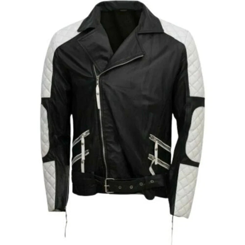 Shop Men's Lambskin BLACK & WHITE Leather Jacket  by TJS