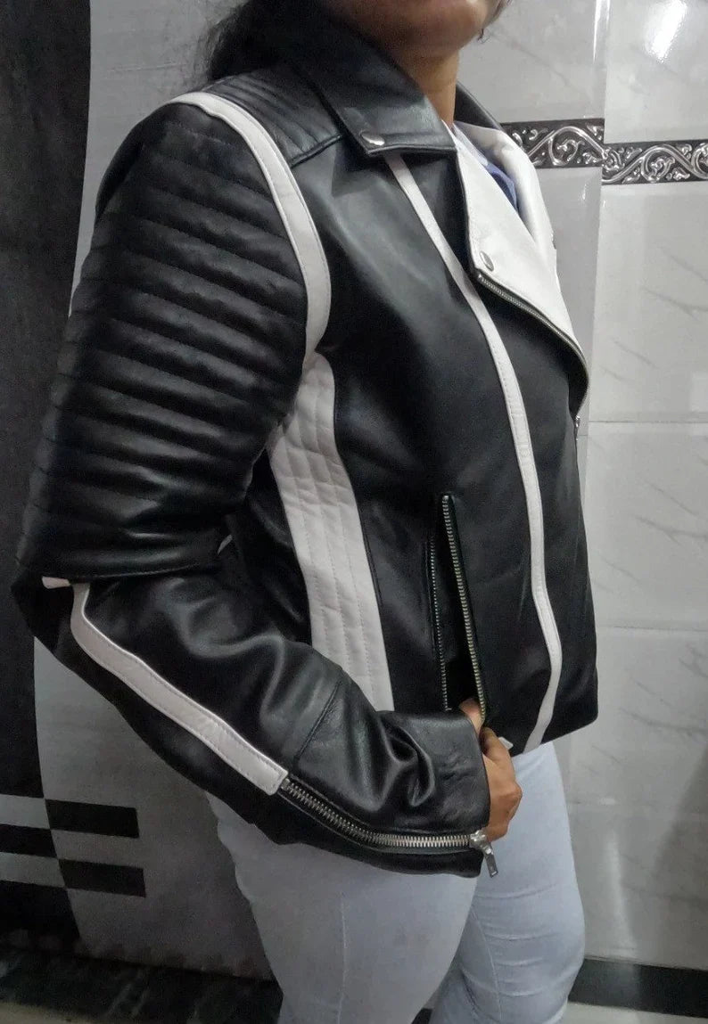 Shop Womens Black & White Lambskin Leather Biker Jacket  Color Block Leather Jacket by tjs