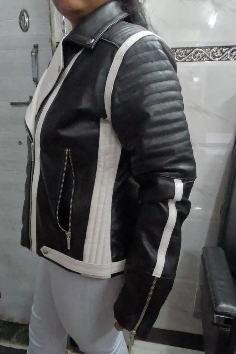 Shop Womens Black & White Lambskin Leather Biker Jacket  Color Block Leather Jacket by tjs