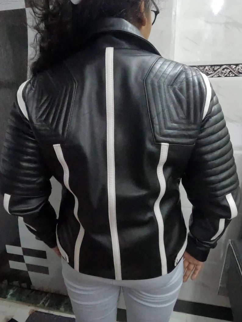 Shop Womens Black & White Lambskin Leather Biker Jacket  Color Block Leather Jacket by tjs