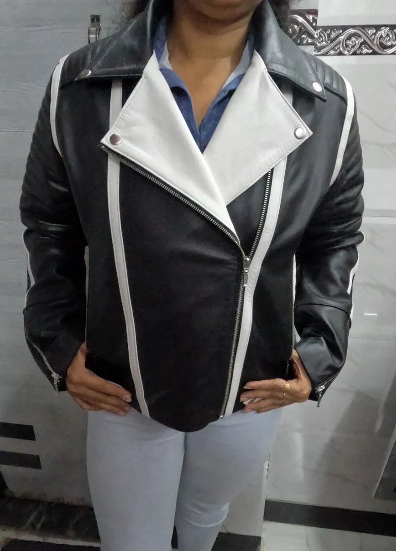 Shop Womens Black & White Lambskin Leather Biker Jacket  Color Block Leather Jacket by tjs